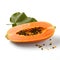 A half-ripe papaya has blackish-brown seeds inside. Isolated on a white background Generate AI