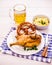 Half roast chicken, beer, pretzel and potato salad