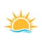 A half sun is setting downwards with water wave icon vector sunset concept for graphic design, logo, web site, social media,