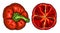 Half sweet bell red pepper. Top view. Vintage hatching vector black illustration.