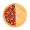 A half of tasty pizza hot with spicy salami, arugula, cherry tomatoes, mushrooms and texas spice mix, on a wooden platter