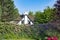 Half-timber house behind huge flowering rhododendron hedge