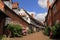 Half Timbered Black and White Houses in summer , Shakespeare`s Country, Malt Mill Lane Alcester Warwickshire, UK.