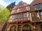 Half-timbered facade of Kaffeehaus Goldene Waage in Frankfurt am Main, Germany