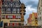 Half-timbered houses and George`s spring pillar at Marktplatz market square in Old Town. Rothenburg ob der Tauber, Franconia,