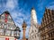 Half-timbered houses and Rathaus buildings at Marktplatz Rothenburg ob der Tauber Old Town Bavaria Germany