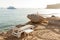 Half turn view chaise longues on the beach beach chaise longues