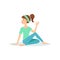 Half Twist Ardha Matsyendrasana Yoga Pose Demonstrated By The Girl Cartoon Yogi With Ponytail In Blue Sportive Clothing