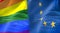 Half waving colorful of gay pride rainbow flag and half european