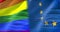 Half waving colorful of gay pride rainbow flag and half european union waving, civil right flag in europe seamless looping, peace