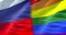 Half waving colorful of gay pride rainbow flag and half russian flag waving, civil right flag in russia seamless looping, peace