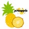 Half and whole pineapple. Exotic tropical fruit with stamp texture, fresh whole juicy yellow ananas with green leaves, vector