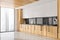 Half wooden white modular kitchen with cabinet, panoramic view