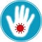 Halftone hand with coronavirus symbol.