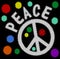 Halftone peace banner with hippies anti war symbol and halftone patterned rainbow circles. Retro style 60s, 70s, 80s
