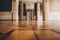 Hall of a luxury home. corridor between rooms in an antique mansion with vintage wallpaper and patterned stucco on the walls.