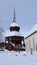 Hallans kyrka Belltower in winter in Jamtland in Sweden