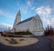 Hallgrimskirkja Cathedral Reykjavik Iceland seen from the back at sunset