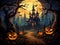 halloweek greeting digital card, pumpkins and castle, dark colors