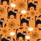 Halloween 2020 Coronavirus pattern black cat wearing face mask, bat, spiders seamless vector repeating background. Cute