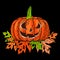 Halloween. 31 October. A pumpkin with a carved terrible face, autumn leaves with holes. Drawing style engraving