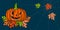 Halloween. 31 October. A pumpkin with a carved terrible face, autumn leaves with holes, spiderweb. Horizontal location. Drawing st