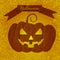 Halloween. 31 October. A pumpkin with a carved terrible face, a ribbon with an inscription. Glow from the inside. Elements hand ma
