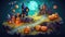 Halloween with a 3D cartoon style, playful characteristics, Halloween color palette