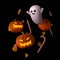 Halloween 3d elements of spooky pumpkins, white cute ghost, candy cans and candy corns floating on black background. For banner