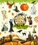 Halloween 3d vector illustrations. Pumpkin, ghost, spider, witch, vampire, zombie, grave, candy corn