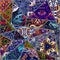 Halloween abstract fantastic patchwork pattern with prints of skulls, butterflies, foliage, UFOs, aliens, eyes, octopus