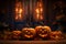 Halloween ambiance 3D rendered jack o lantern pumpkins, podium, bats, and orange backdrop