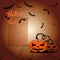 Halloween. Attributes of the holiday - pumpkins, bats, flowers, silhouettes of trees. Vector Image.