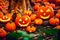 Halloween autumn fall night . group of happy halloween pumpkins