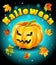 Halloween, autumn leaves, pumpkin character colorful background. Vector illustration.