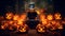 Halloween backdrop  - a person in a garment sitting in front of pumpkins