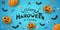 Halloween background with 3d emotional cartoon smiling pumpkins. Decorative eyes, sweets, lollipops. Horror lettering with bats,