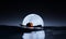 Halloween background 3d rendering. cartoon pumpkin Rowing across the ocean for Halloween boat scary scene with the full moon on