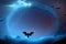 Halloween background with black bats, spider webs on blue background. Horrible background with space to copy your design