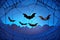 Halloween background with black bats, spider webs on blue background. Horrible background with space to copy your design