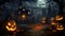 Halloween background with black cat pumpkins and candles in the forest