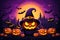 Halloween background, cartoon style, colorful, carved pumpkin with a witch hat on a purple background with bats moon and