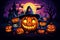 Halloween background, cartoon style, colorful, carved pumpkin with a witch hat on a purple background with bats moon and