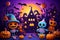 Halloween background, cartoon style, colorful, carved pumpkin with a witch hat on a purple background with bats moon and