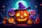 Halloween background, cartoon style, colorful, carved pumpkin with a witch hat on a purple background with bats moon and