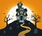 Halloween background with castle and full moon, tombs, trees, bats.