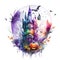 Halloween background with castle, pumpkins and bats. Watercolor illustration Generative AI animal ai