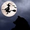 Halloween background with cat, bats, full moon and flying witch