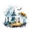 Halloween background with a cemetery. Watercolor illustration, vector. AI Generated animal ai