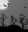 Halloween background with cemetry, bats and moon